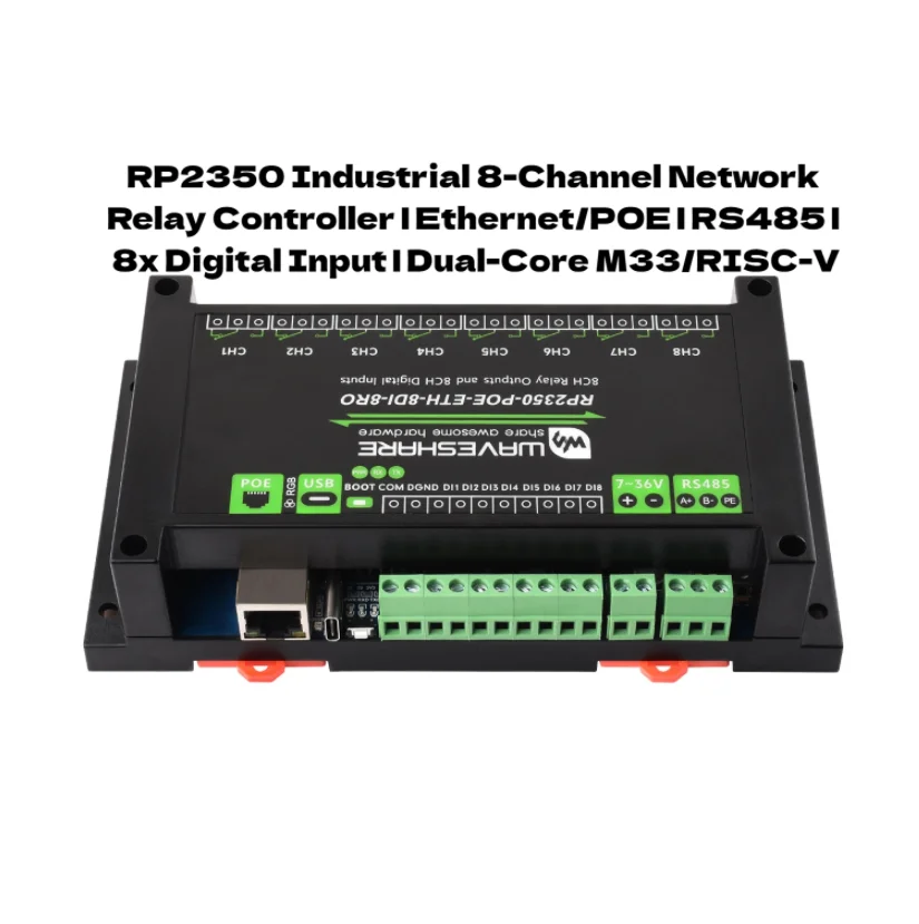 

RP2350 Промышленный 8-канальный сетевой релейный контроллер | Ethernet/POE | RS485 | 8x цифровой вход | Двухъядерный M33/RISC-V
