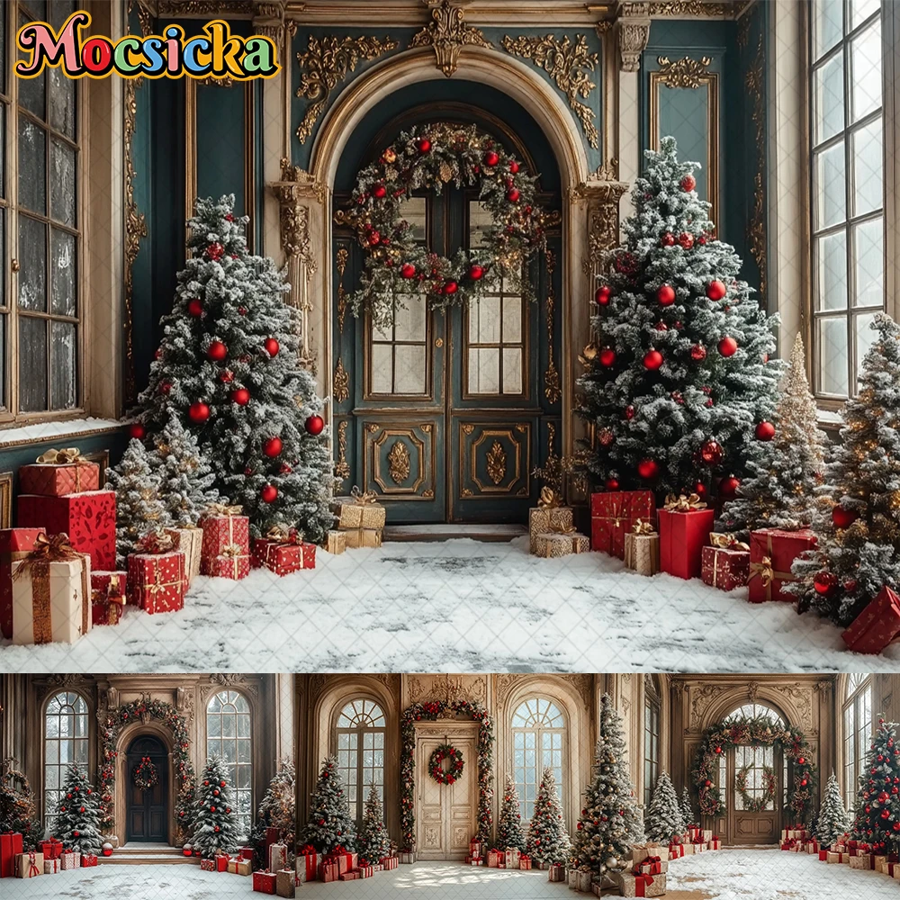 

Mocsicka Winter Arched Window Backdrop Kids Family Photography Xmas Snowflake Forest Child Santa Photocall Xmas Tree Background