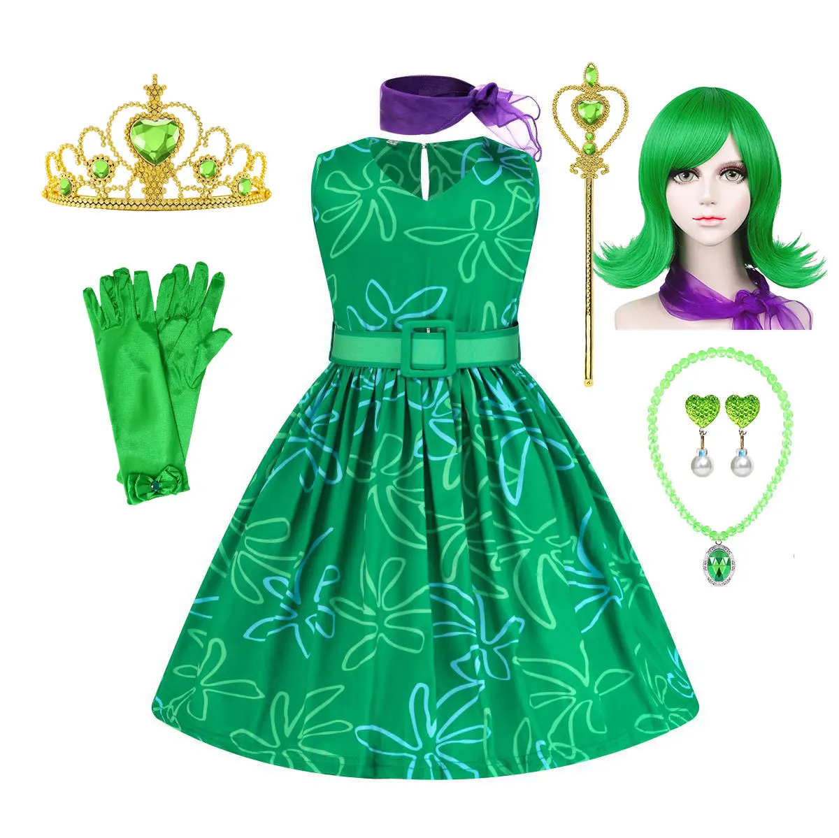 Kid Insides Out Cartoon Costume Play Disgust Disguise Brain Emotional Image Represent Riley Green Mood Belted Dress Fashion Gown