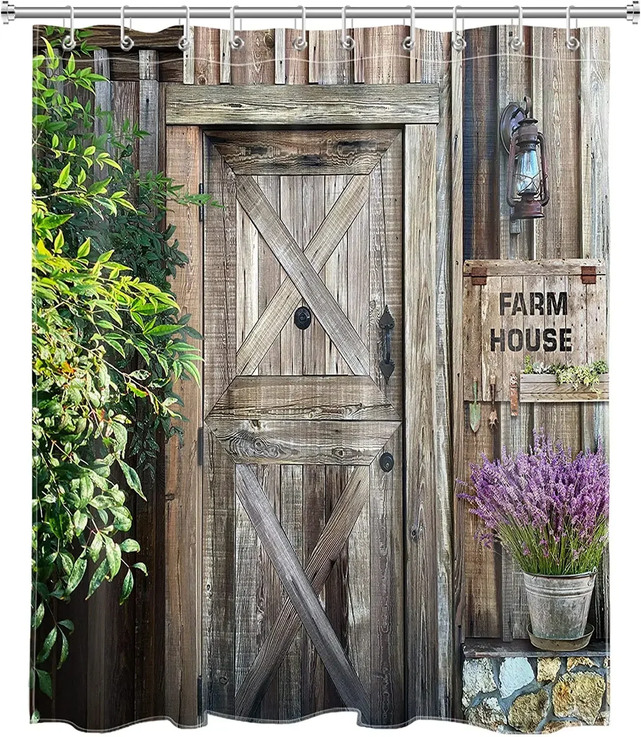 Farmhouse Barn Doors Shower Curtains Vintage Country Wood Board Plant Flowers Rustic Bathroom Decor Bath Curtain Set with Hooks