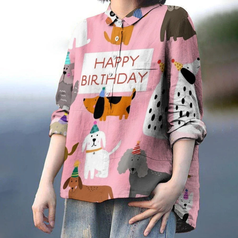 

Women's Oversized Top Bean Paste Powder Dog Print Happy Birthday Shirt Casual Single Breasted Shirt Long Sleeves Spring & Summer