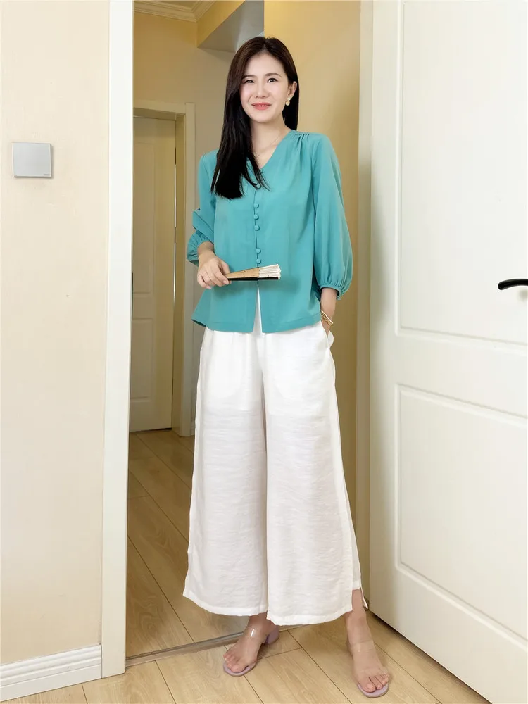 

Ice Silk Sleeveless Women's Summer Fashion Set Linen Wide Leg Pants Whole Set Age Reduction High End Feeling Nylon Fabric