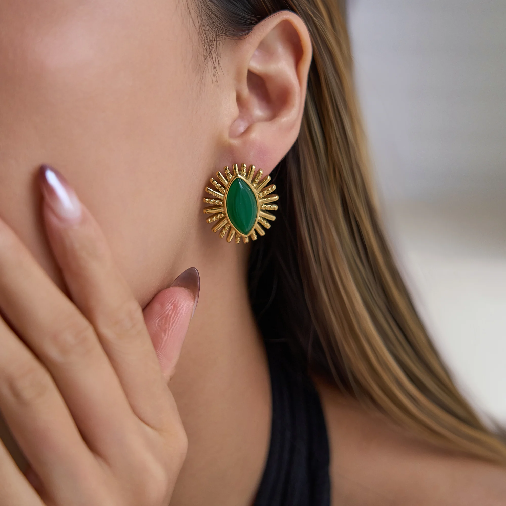 

DASEIN New Luxury Sun Tear Black Green Office Lady Earrings INS 18k Gold Plated Hypoallergenic Stainless Steel Jewelry Women
