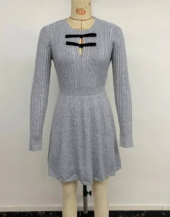 

High Waist Dresses Women Autumn & Winter New Elegant Style Short Woolen Dress Bow Decor Gray Knitted Dresses for Women's Clothes