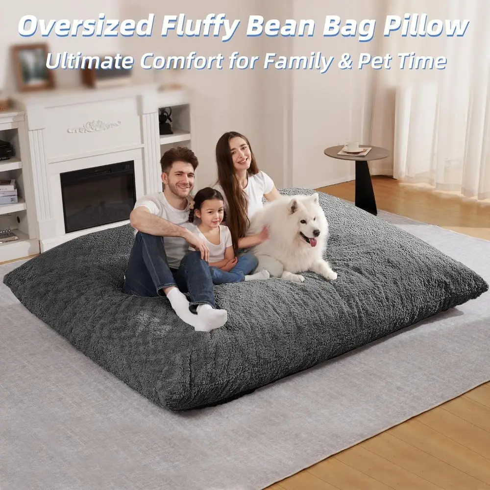 كرسي بين باج من إسفنج الذاكرة باللون الرمادي للبالغين - أريكة عملاقة مع غطاء من الفرو الصناعي قابل للغسل في الغسالة #4