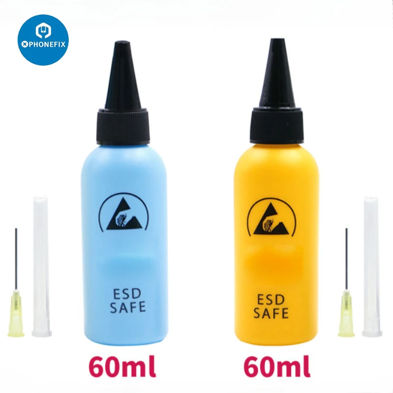 FX432N Durable 60ml Anti Static Solvent Bottle with Stainless Needle Tip Liquid Flux Alcohol Oil Dispenser for Phone Repair Tool
