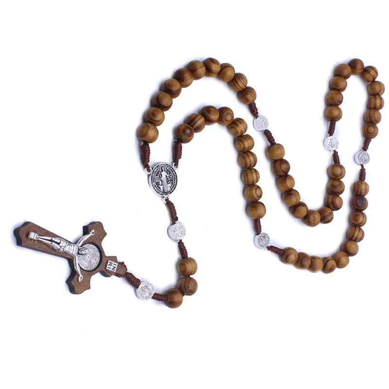 Fashion Handmade Round Bead Catholic Rosary Cross Religious Wood Beads Men Necklace Charm Gift