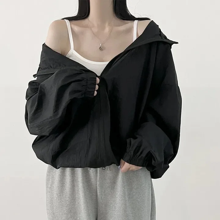 2025 Autumn Loose Casual Short Cardigan Zippers Long Sleeve Korean Chic Solid All Match Kpop Sunscreen Sweatshirts Women Top
