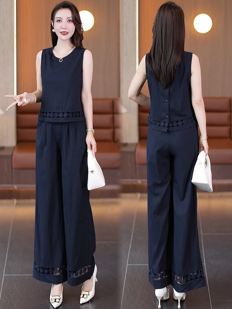 

Fashionable Sleeveless Vest High Waist Wide Leg Pants Two Piece Set Women Spring Hollow out Design Loose Fit Ensemble