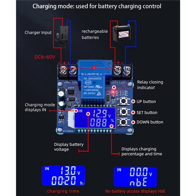 New-3X DC6-60V 30A Storage Battery Charging Control Module Protection Board Charger Time Switch LCD Display XY-CD63L