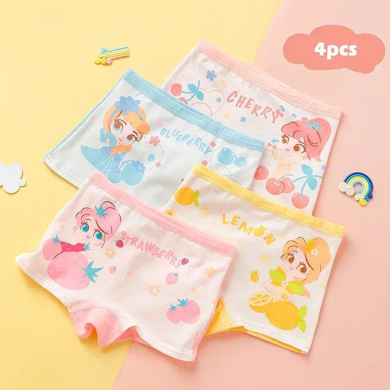 4pcs Girls Underwear Children Cotton Antibacterial Four Cornered Pants 2-14 Year Old Student Cartoon Boxer Shorts