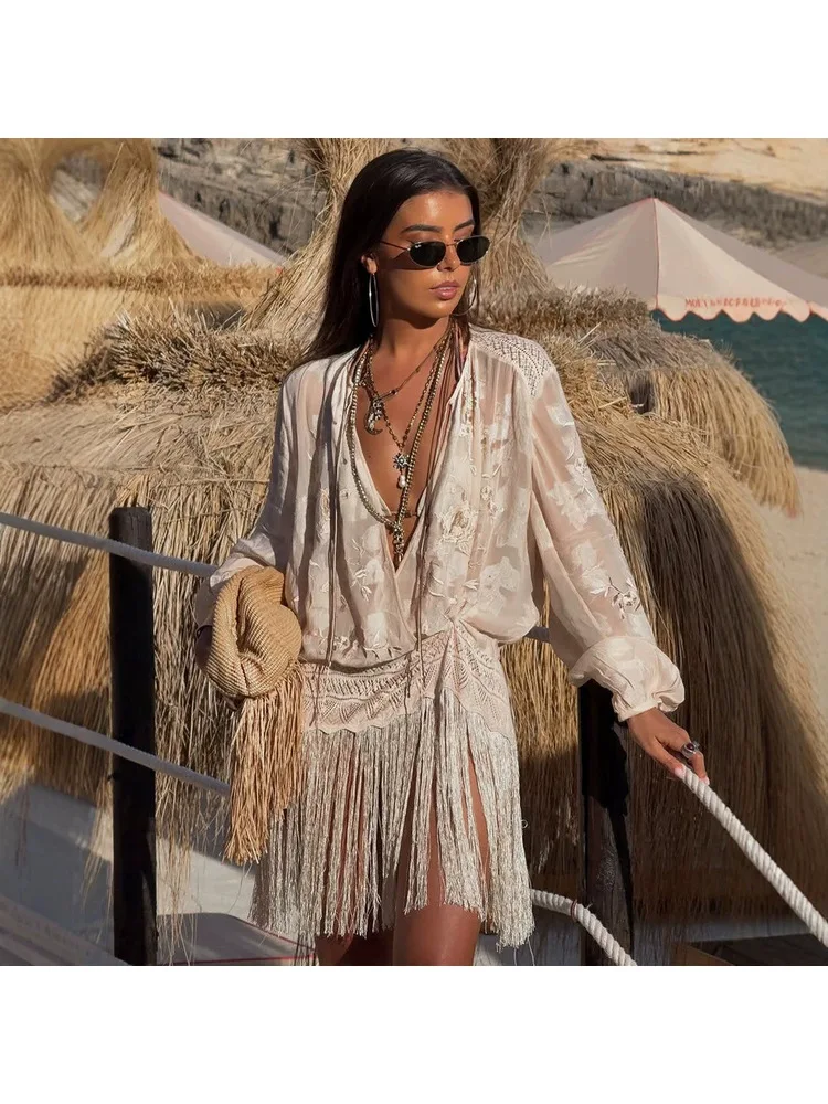 QICHE 2026 Summer Women Bohemian Cover‑Up Top Deep V Neck Embroidery Fringe Hem Blouse European American Style Shirt view 2