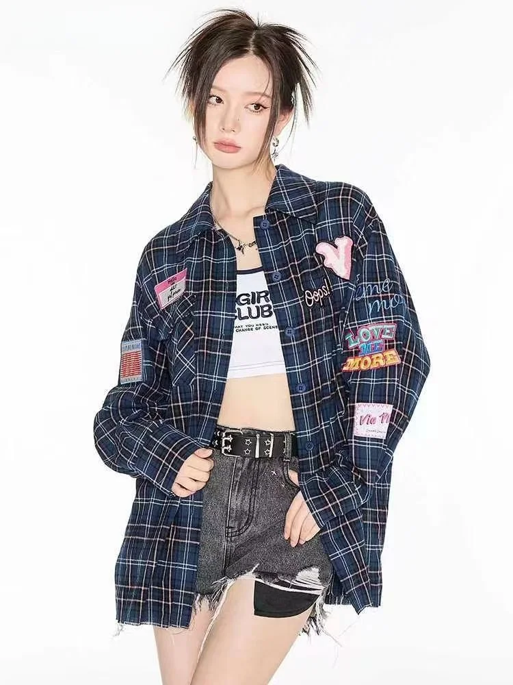 

VIAPITTI New Design Plaid Loose Long Sve irt Thin Top Women's Sweet Sle Collar Button Detail Cotton Blend Spring