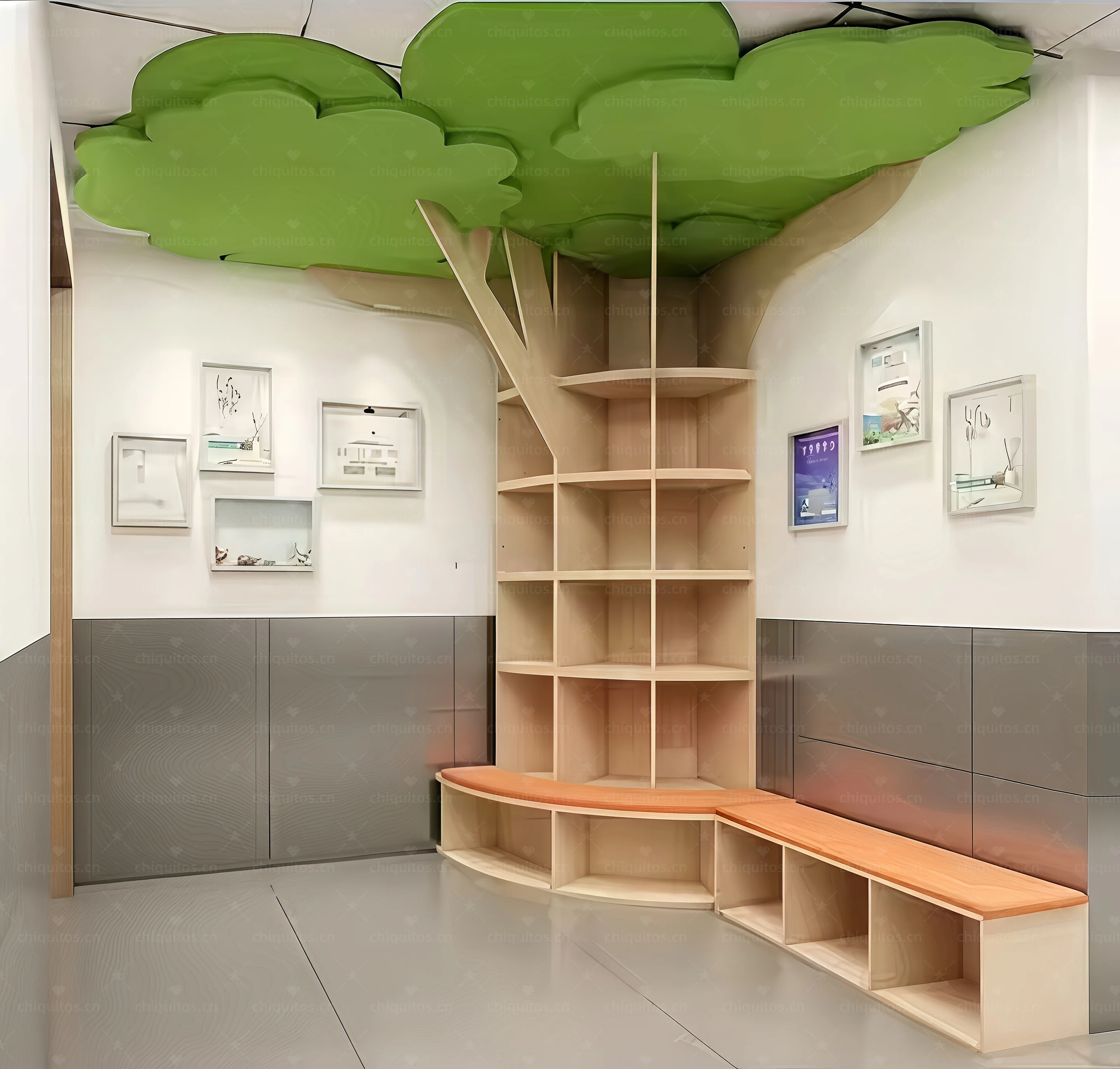 Library Reading Tree Floor Bookshelf Day Care Corner Cabinet Wooden Preschool Toddler Book Corner Customized