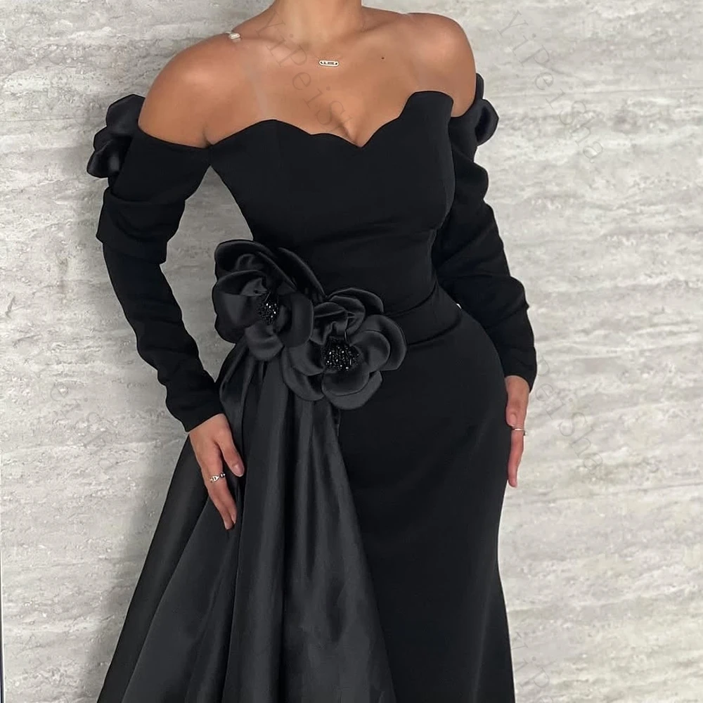 Abiti da sera a trapezio personalizzati Abito da ballo a maniche lunghe con spalle scoperte lungo fino al pavimento Abito da festa semplice drappeggiato con fiori alla moda
