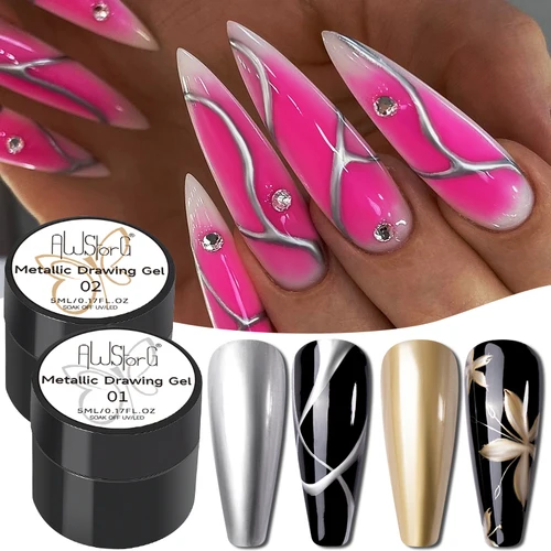 Gel metálico cromado, oro, plata, oro rosa, efecto espejo, pintura, esmalte de uñas, línea de dibujo superbrillante, arte de uñas francés, 5ml
