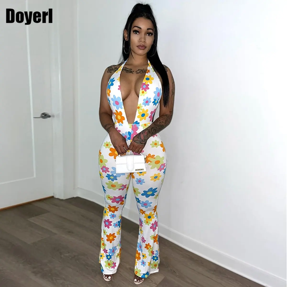 

Deep V Neck Backless Bodycon Jumpsuit Women Sexys Floral Print Overall Long One Pieces Stretch Party Club Rompers Summer Outfits