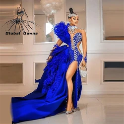 Evening Dresses Rhinestone Crystal Royal Blue Prom Gown Feather abendkleider robe de soirÃĐe Party Pageant Dress Split Customized