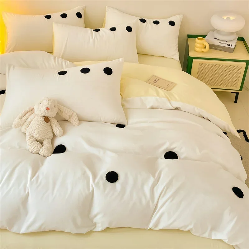 Polka Dots Duvet Cover Set Black White Circles Geometric 3D Embroidered Bedding Set for Adults, Modern Simple Comforter Covers