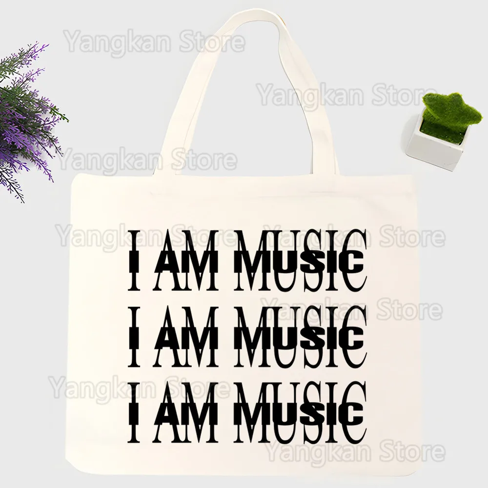 

I Am Music Women Canvas Shopper Bag with Handle Eco Foldable Reusable Tote Bag Book Key Phone Shopping Bag