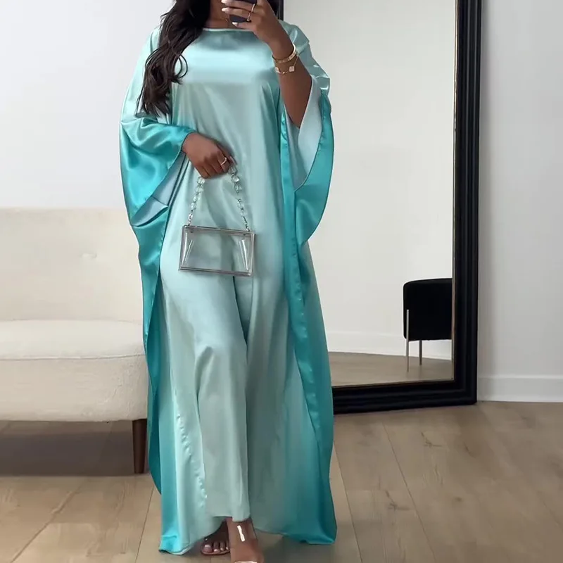 Summer Casual Loose Fit Maxi Dress Muslim Robe Women Satin 3/4 Sleeve O Neck Long Dress Women  Vestidos De Tricô Femenino