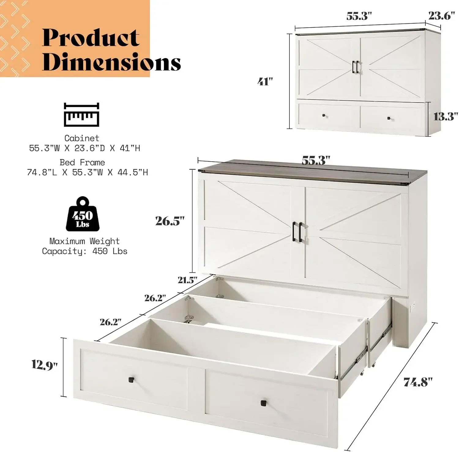 سرير ميرفي على طراز المزرعة مع مساحة تخزين ولوحة قابلة للطي ومحطة شحن لغرفة نوم الضيوف الهادئة