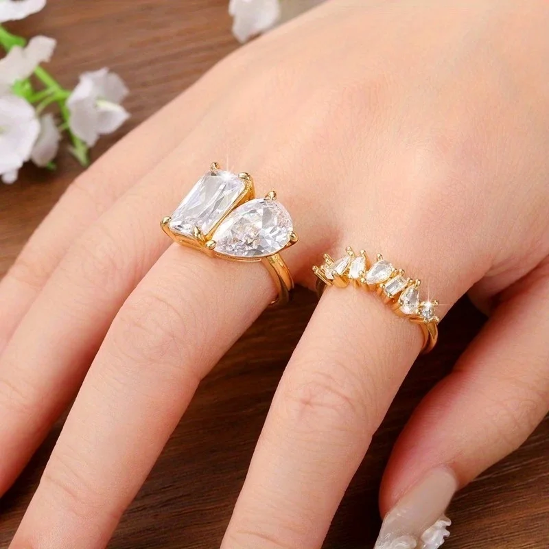 2pcs Dupes Luxury Promise Rings Inlaid Waterish Zircon In Teardrop Shape & Rectangular Shape Engagement Jewelry For Brides
