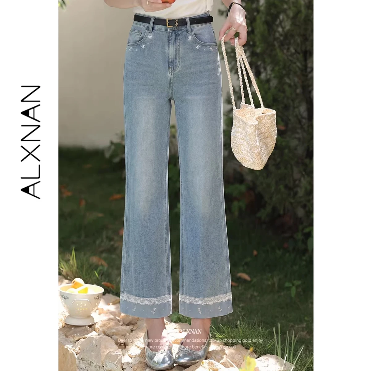 

Женские синие прямые джинсы ALXNAN, новый весенний стиль, длинные брюки с вышивкой и кружевными вставками, элегантные модные свободные брюки L61875A