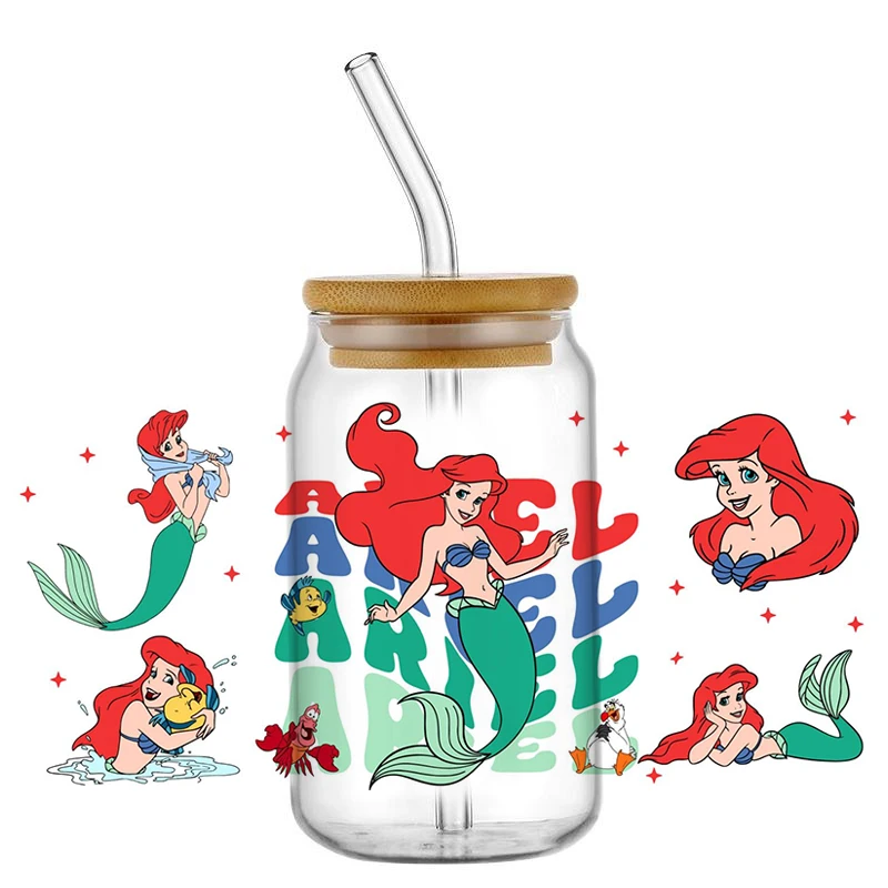 Calcomanía con diseño de sirena de princesa Miniso Ariel para gafas Libbey de 16oz, pegatina de transferencia de envoltura de taza UV DTF, pegatina impermeable para taza DIY