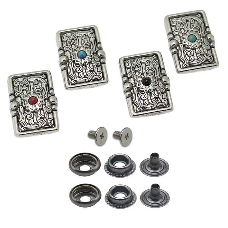 Stainless Steel Snap Fasteners Kit Button Snaps Press Studs with Conchos Decoration for Leathercraft Accessories