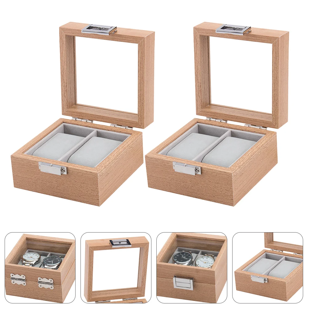 2 Pcs Matching Watches for Couples Container Storage Box Bracelets Beige Wooden