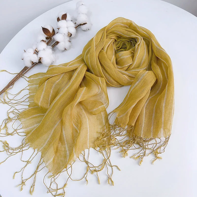 

Scarf Linen Women Summer Sun Protection Accessory Neck Wrap Yellow Long Stripe Breathable Shawl For Beach Spring Holiday