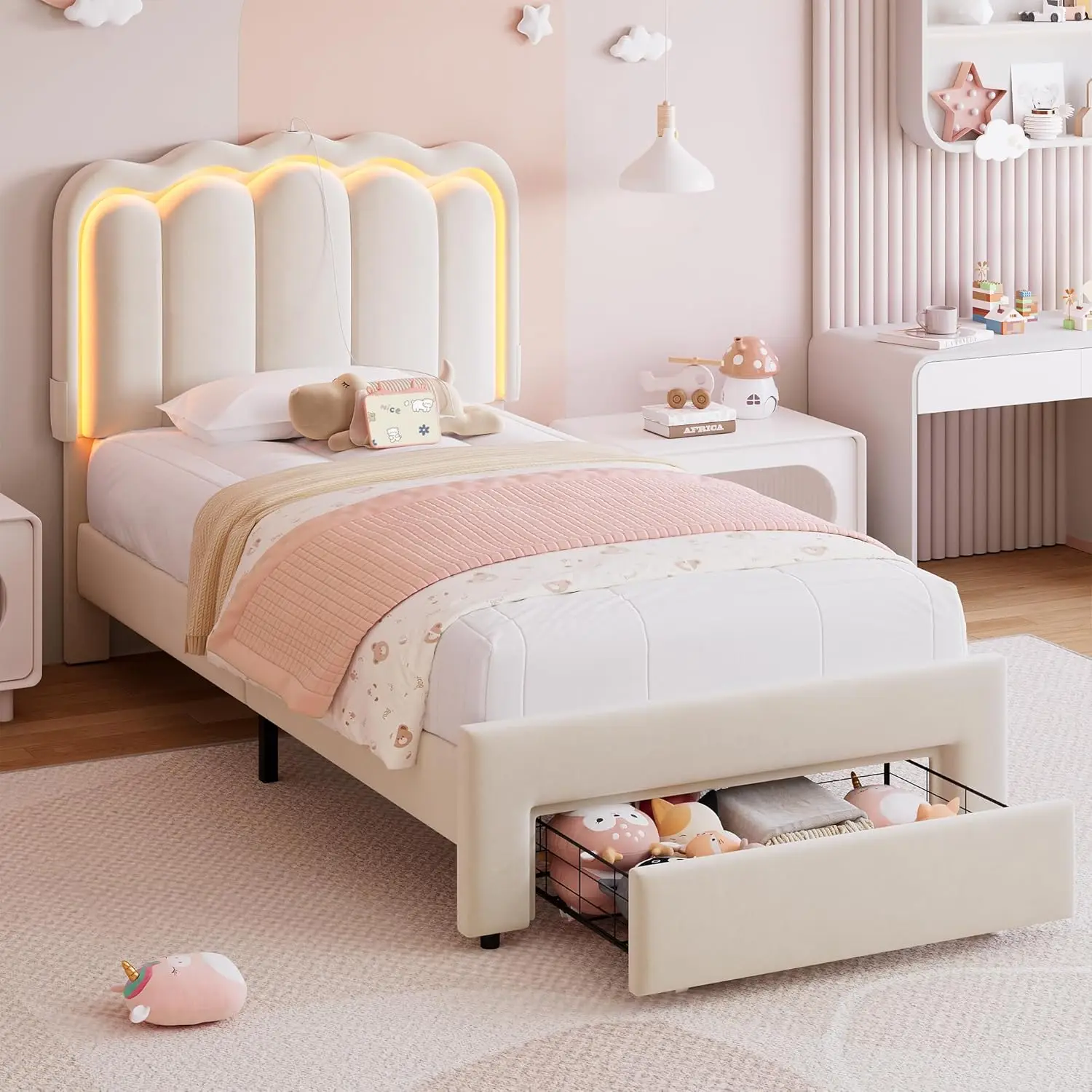 Upholstered LED Bed Frame with Storage Drawer and Adjustable Chic Double Wavy Headboard, Velvet Princess Platform Bed for Kids/G