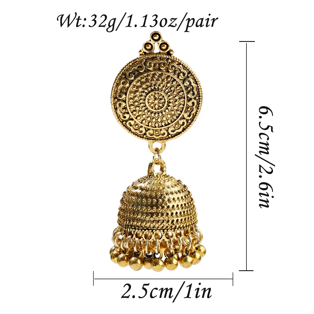 Vintage Ethnic Gold Color Jhumka Earrings Bijoux Antique Round Carved Bells Dangle Earrings Female Wedding Jewelry