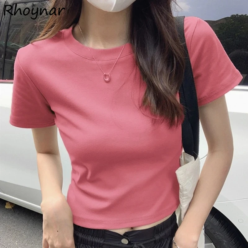 

T-shirts Women Short Sleeve O-neck Slim Summer Solid Korean Fashion Cropped Tops Ulzzang Clean Fit Simple Leisure All-match Chic