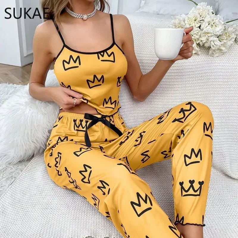 Black Bear Printing Soft Milk Silk Pajamas Women Sexy Sling Sleepwear Wide-legs Pajamas Pijamas for Girl Casual Woman Nightwear