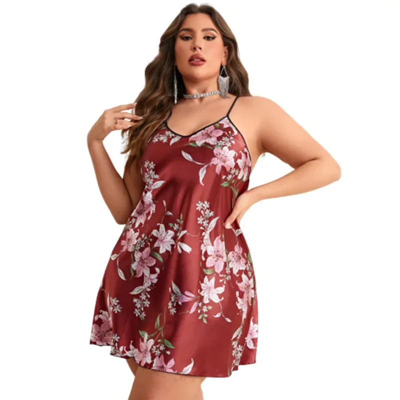 Plus Size Silk Satin Women Nightgown Floral Print Sleeveless Pajama Dress V Neck Cross Back Sleepwear Nightwear Homwear Cloth