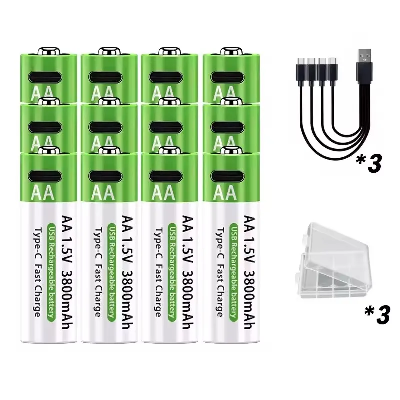 Typ-C-Schnellladung, 1,5 V, 3000/3800 mAh, AA, AAA, wiederaufladbare Li-Ionen-Batterien für Fernbedienung, Maus, Spielzeug, Game-Controller