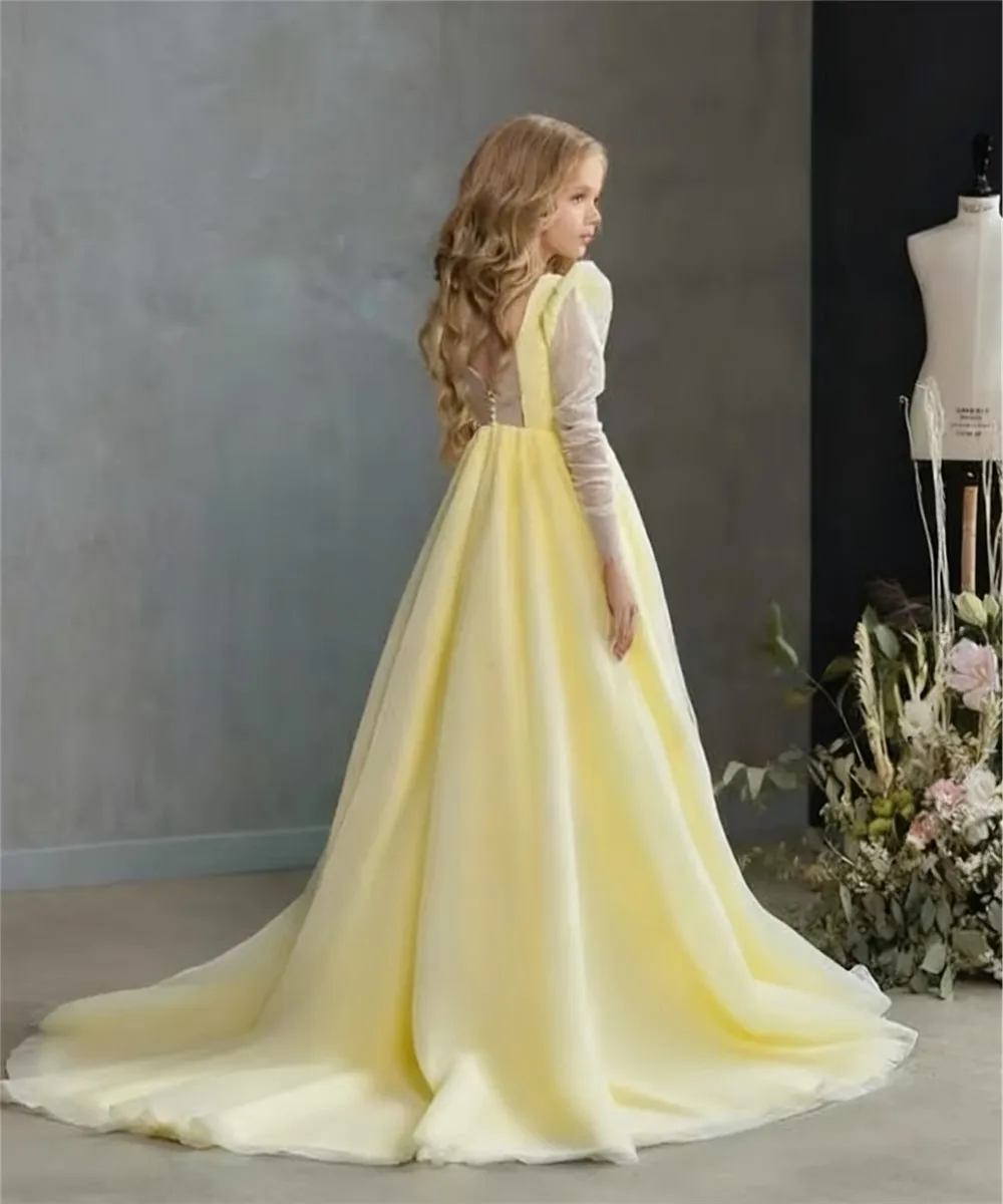 Customized Elegant Flower Girl Wedding Dress Pearls Long Sleeve Princess Birthday Party Dress Kids Party First Communion Gown