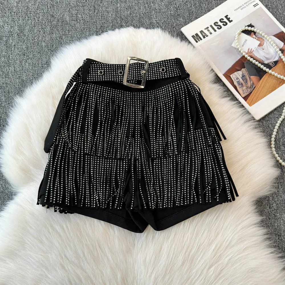 

Shorts Women Tassel Shorts Diamond Studded Black Korean Fashionable Sexy Mid Rise Denim Hot Pants Outerwear Trousers