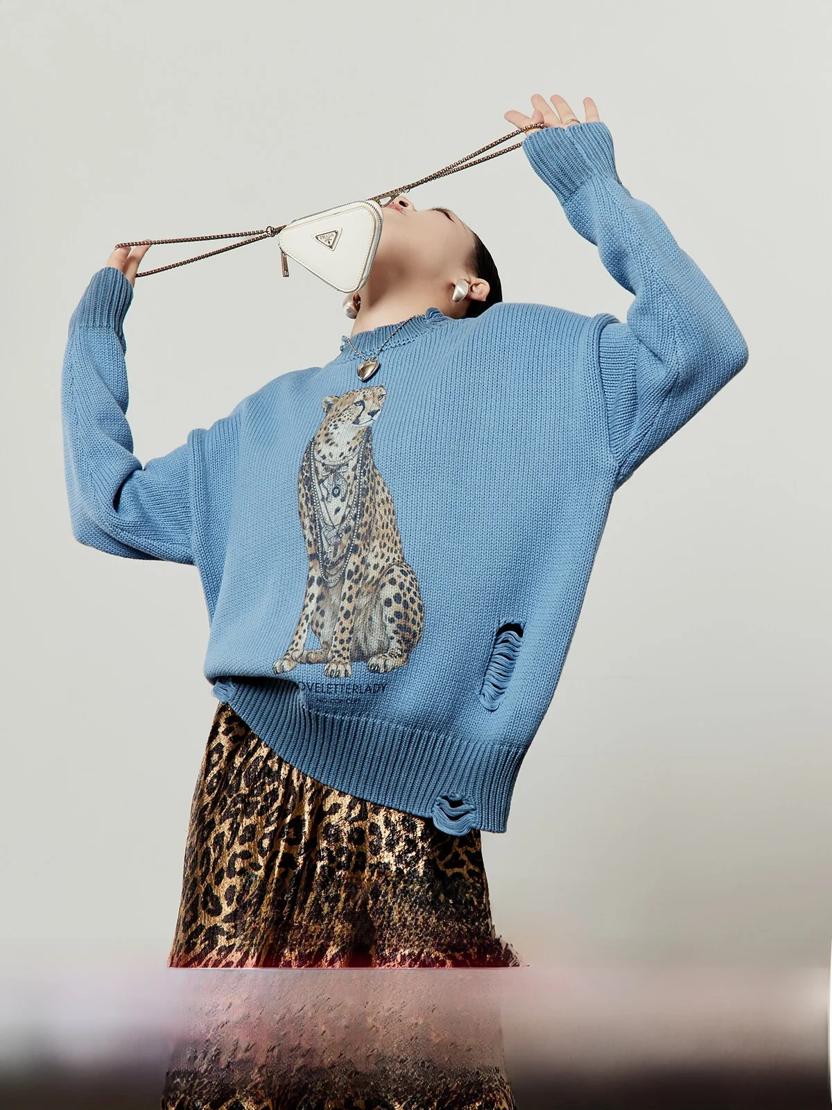 

Blue Knitted Print Hole Women's Sweater Casual Sle Loose Fit Long Sve Winter 2025 New Arrival Street Faion Ladies Top