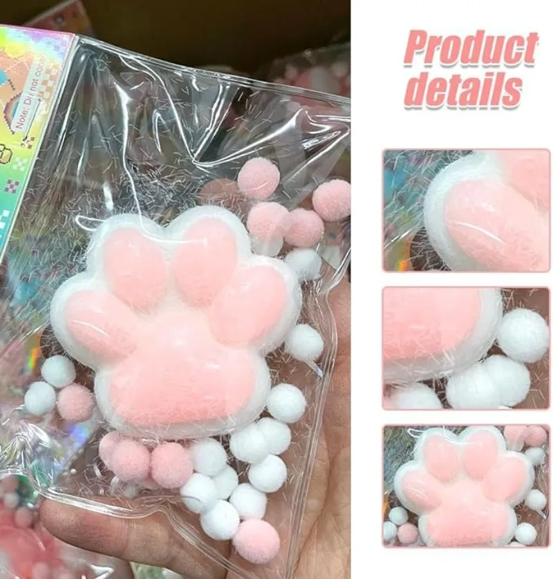 TPR Cat\'s Paw with Fur Stress Relief Squishy Toy Cute Squeeze Sensory Toys, Cat Paw Fur Ball Stress Relief Squishies for Kids