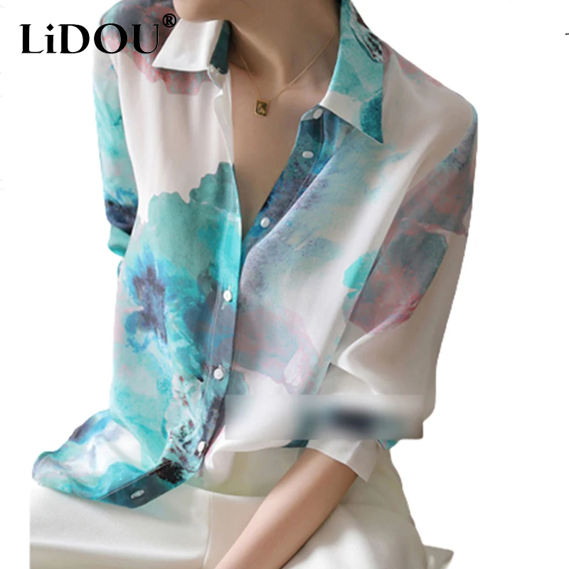 Spring Autumn Y2K Polo-neck Fashion Gradient Print Dyeing Buttons Chiffon Shirt Ladies Long Sleeve Elegant Blouse Female Clothes