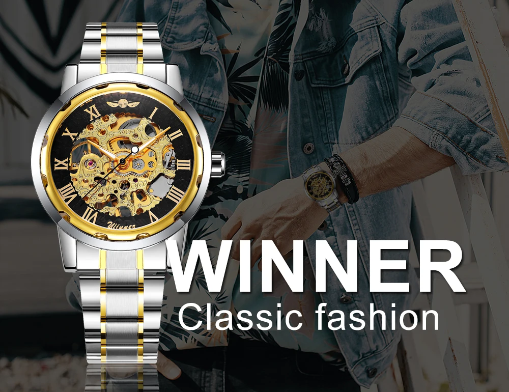 WINNER Classic Skeleton Watch for Men Retro Gold Mechanical Watches Casual Stainless Steel Strap Luxury Brand Wristwatches New