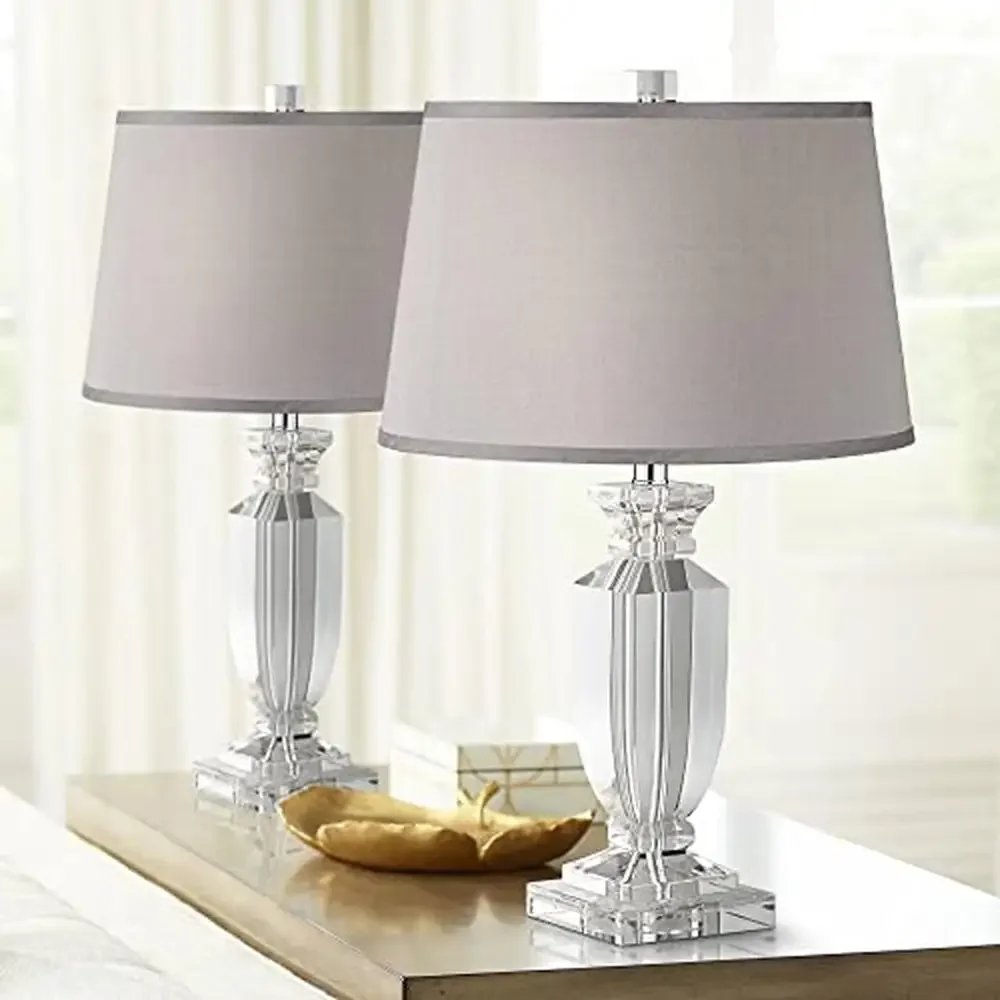 Crystal Table Lamps Set of 2 Modern Gray Drum Lamp Shades Clear Cord Office Bedroom Reading Nightstand House