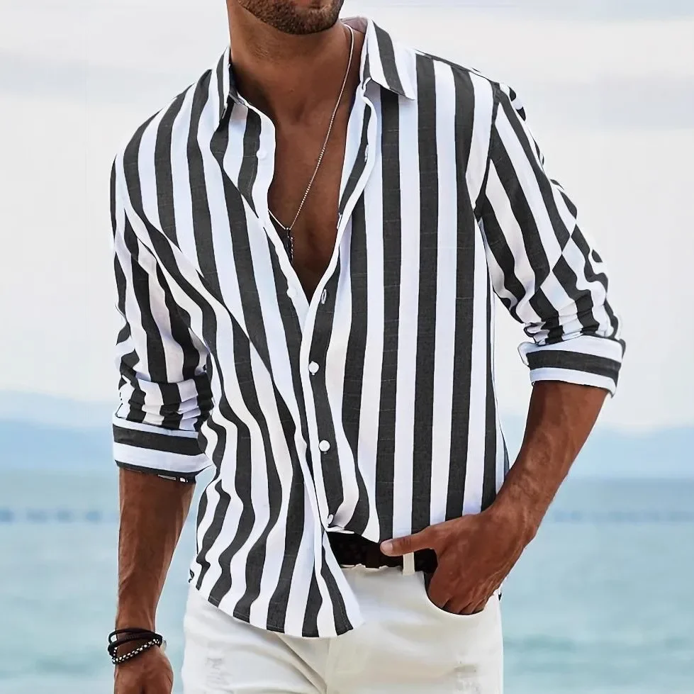 

Spring and Autumn New Men's Color Woven Striped Casual Loose Long Sleeved Shirt Men's Shirt Tops 100% Polyester Microprojectile