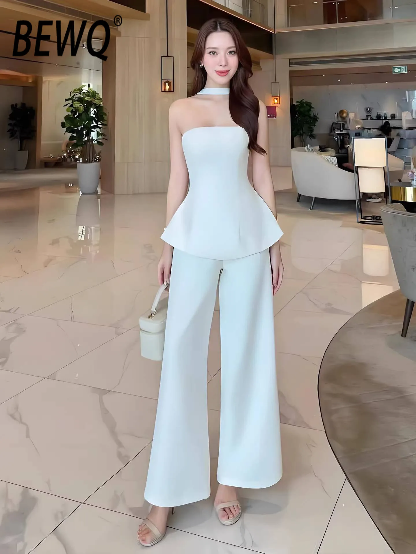 

BEWQ Fashion Women's 2 Pcs Set Strapless Sleeveless Short Tops High Waist Pants Solid Color Elegant Suit 2026 Spring New