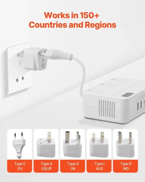 محول جهد كهربي تنحى 220 فولت إلى 110 فولت محول سفر مع 2 منافذ USB C