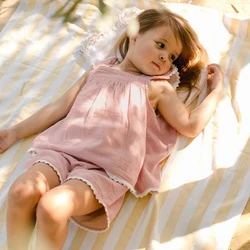 Girls Pink Ruffled Sleeveless Tops Shorts Two-Piece Set 2024 Summer New Children's Casual Homewear Cotton Gauze Camisole Suit