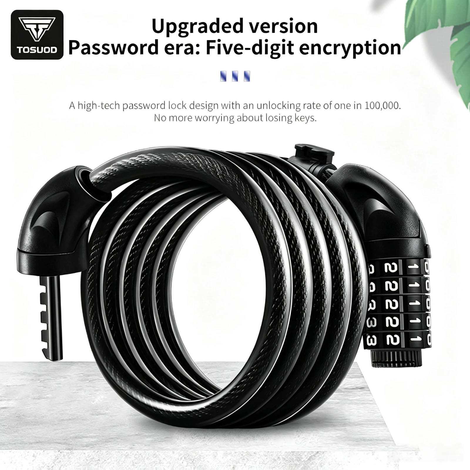 TOSUOD Anti‑Theft Bike Lock Waterproof Thick Steel Cable 4/5 Digit Combination Password With Mount Bracket for MTB Road E‑Bike